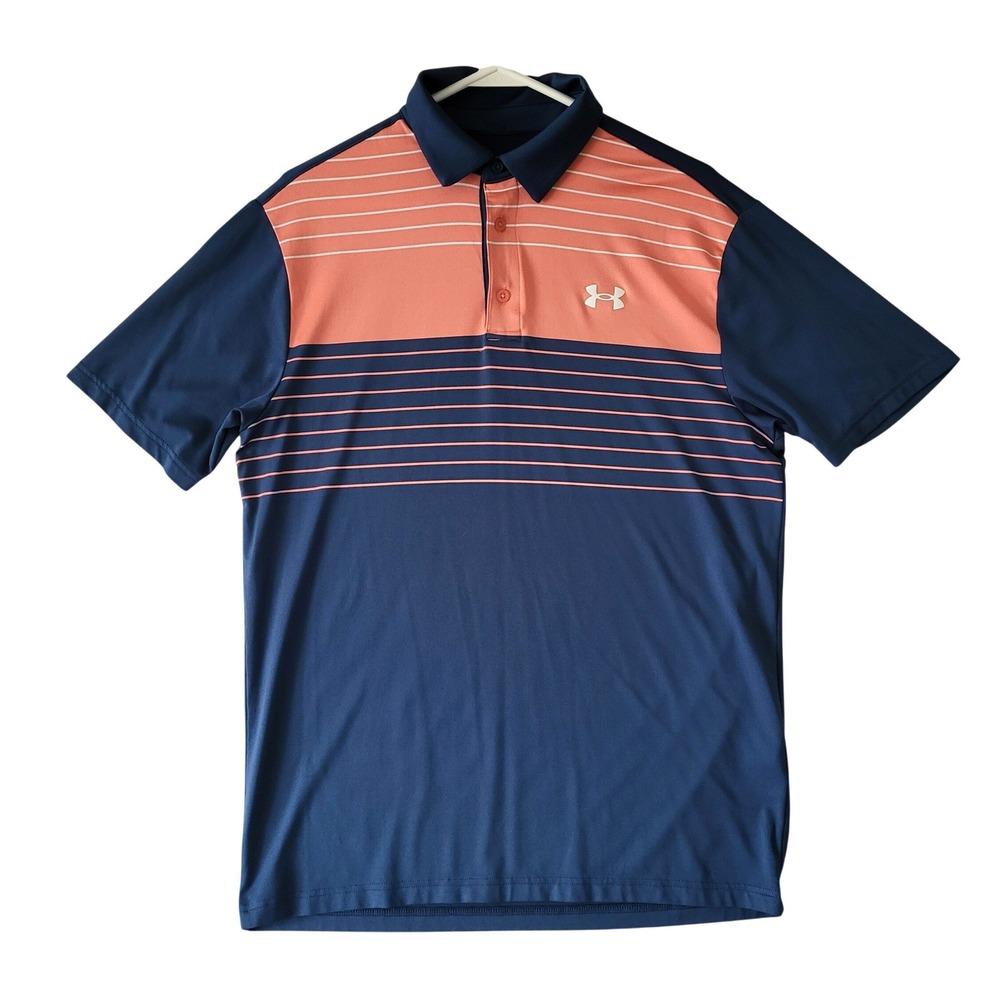 Under Armour The Playoff Polo Golf Shirt Mens Medium Blue Striped Short Sleeve
